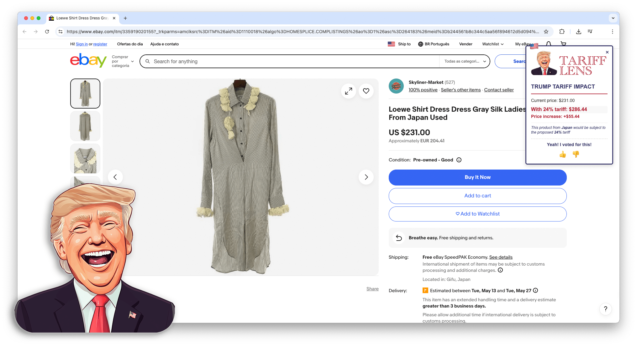 Tariff Lens in action on eBay showing price with tariff